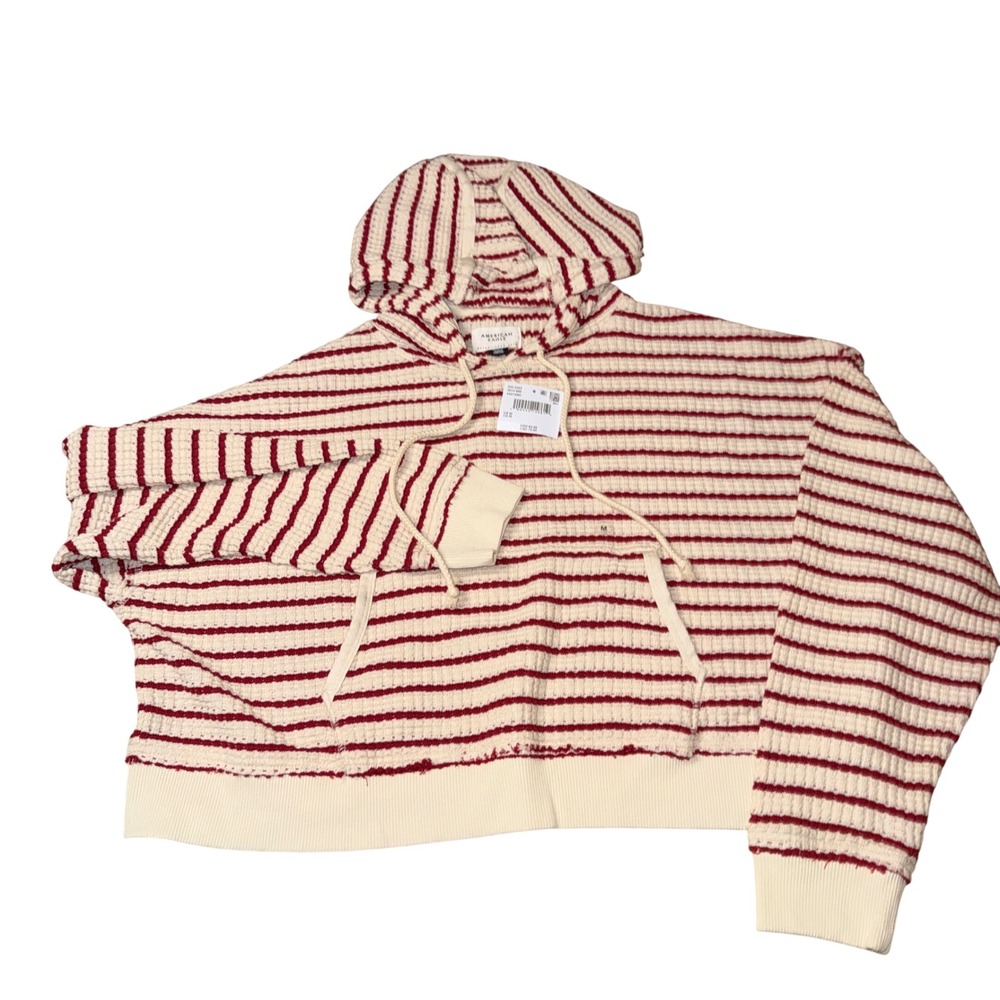 American Eagle Hoodie Size M Red Cream Striped Waffle Knit Cropped Sweatshirt
